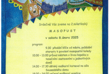 Miletínský masopust, dětský karneval, maškarní veselice pro dospělé 8.2.2025