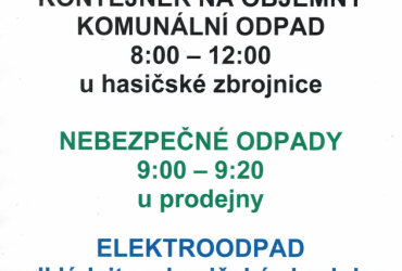 SVOZ ODPADŮ 16.11.2024 - NEBEZPEČNÉ ODPADY 9:00-9:20, KONTEJNER 8:00-12:00, ELEKTROODPAD